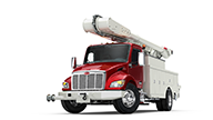 Peterbilt Model 537 Medium Duty Red Truck with White Bucket Boom and Utility Box Isolated - Thumbnail